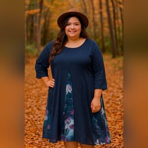 O-necue Blue sheer floral inserts long sleeve dress Plus Size 4XL New